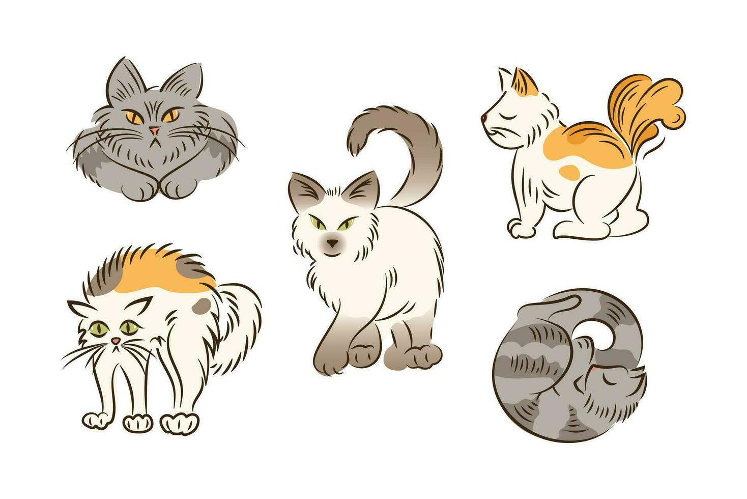 Set of cats in different poses in cartoon style. Fat cute cat lifestyle. Pets. The cat hisses, sleeps, poops, walks. For stickers, posters, postcards, design elements. vector