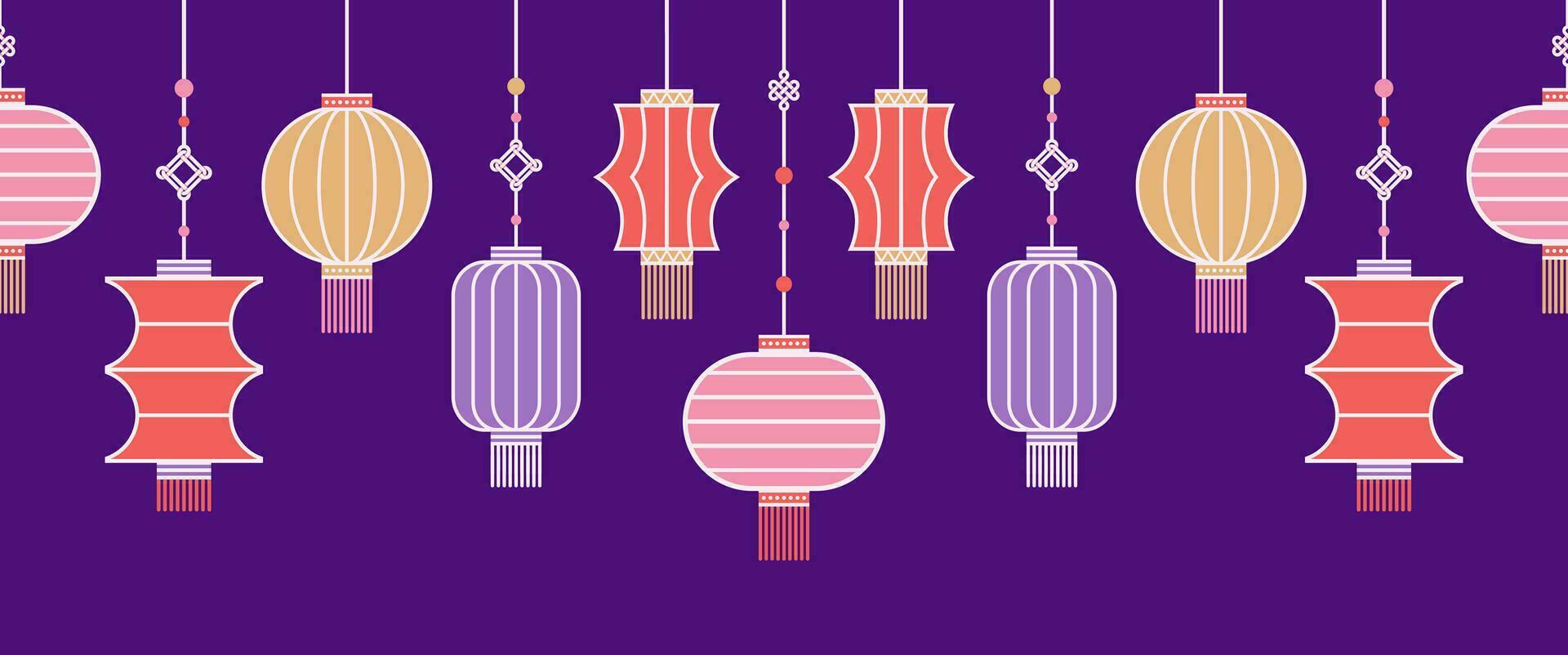Horizontal seamless border of Chinese paper Hanging lantern Denglong. Good luck knot. Chinese New Year, Mid-Autumn Festival. Flat minimalistic geometric design. fabric, wrapping, background. vector