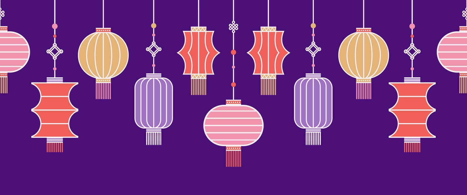 Horizontal seamless border of Chinese paper Hanging lantern Denglong. Good luck knot. Chinese New Year, Mid-Autumn Festival. Flat minimalistic geometric design. fabric, wrapping, background. vector