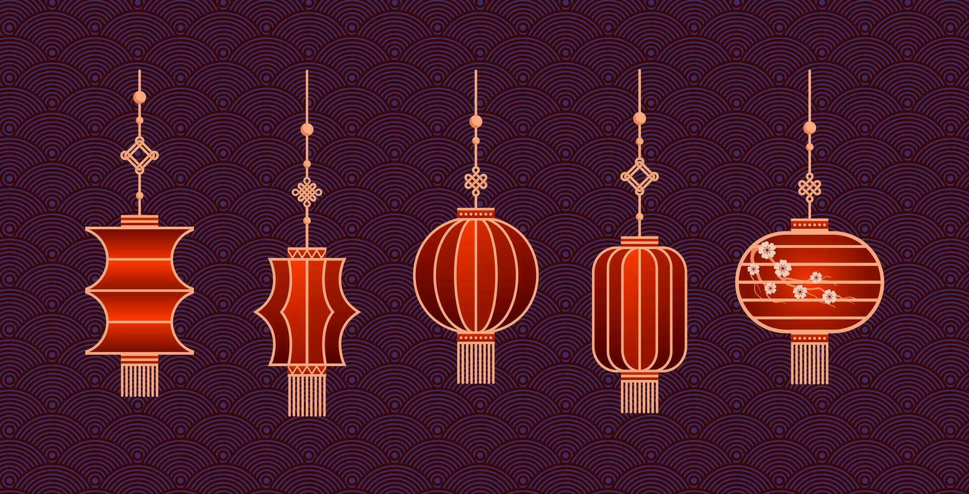 Set of Chinese paper Hanging lantern Denglong. Good luck knot. Chinese New Year, Mid-Autumn Festival. Flat minimalistic geometric design. For stickers, posters, postcards, design elements. vector