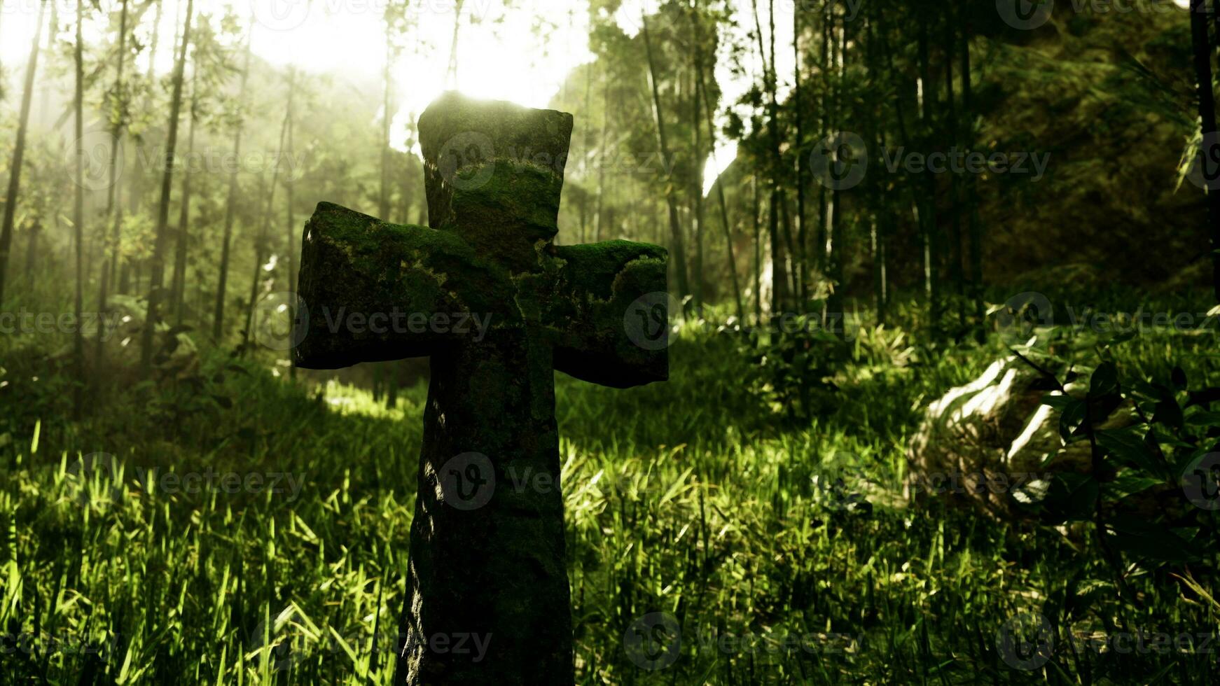 decaying stone cross marking a final resting place in the jungle photo