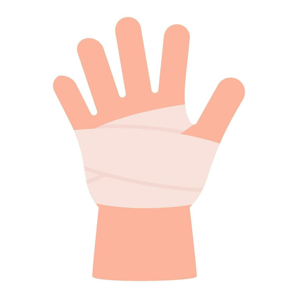 Child hand with bandage. First aid in case of accident, protection in case of burn of skin, physical trauma, wound. Clean bandage, patch. Injury human hand. Vector illustration