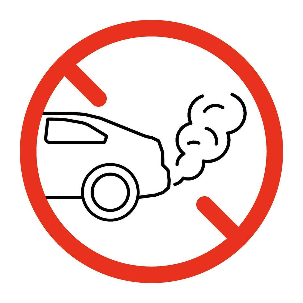 Forbidden exhaust, pollution cloud from car icon. No Exhaust gases, fumes. No idling turn engine. Stop smog from automobile. Vector symbol