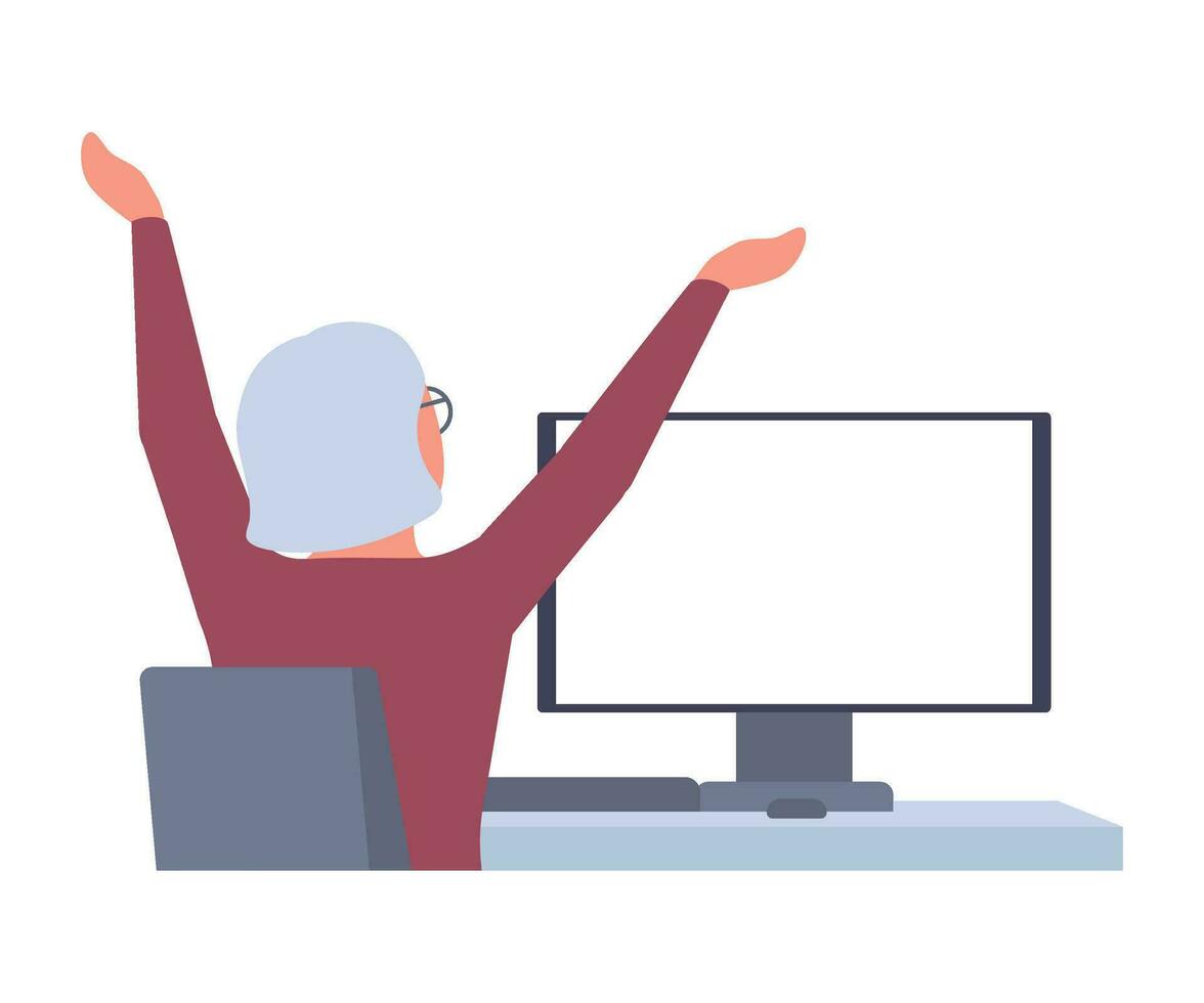 Senior woman sits back at table computer and stretching, doing exercises. Elderly pensioner practicing workout at workplace in break. Removing tension, muscle soreness for rest, relaxation. Vector