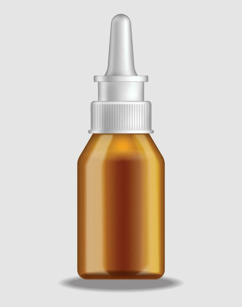 Realistic Detailed 3d Blank Nasal Spray Medical Glass Bottle Mockup Template with Label Set. vector