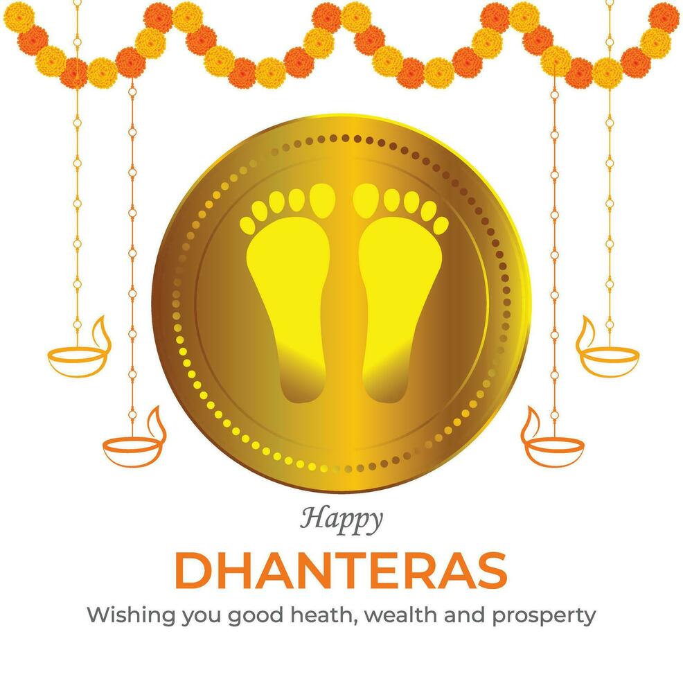 Happy Dhanteras - poster template design with gold coin in pot and decorative diya lamp. vector