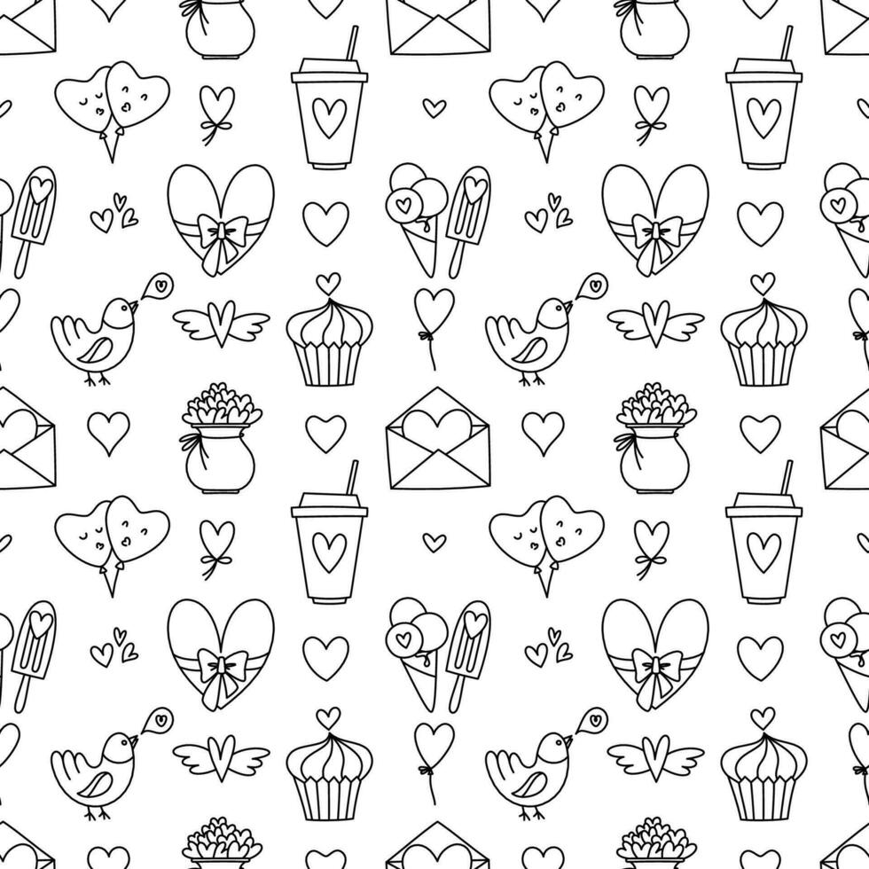 Valentines Day doodle style seamless pattern in black and white, hand-drawn love theme icons and quotes background. Romantic mood, cute symbols and elements collection. vector