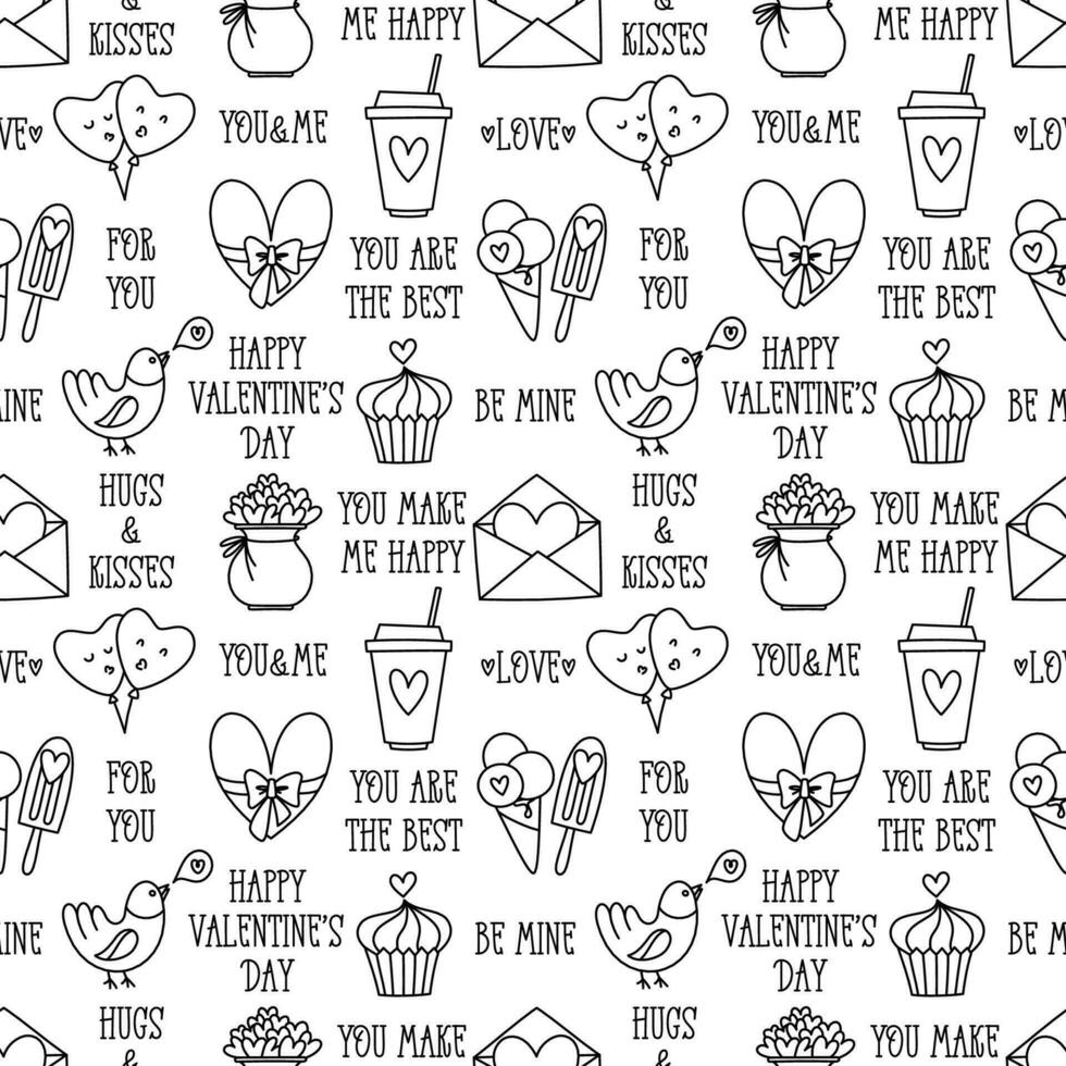 Valentines Day doodle style seamless pattern in black and white, hand-drawn love theme icons and quotes background. Romantic mood, cute symbols and elements collection. vector