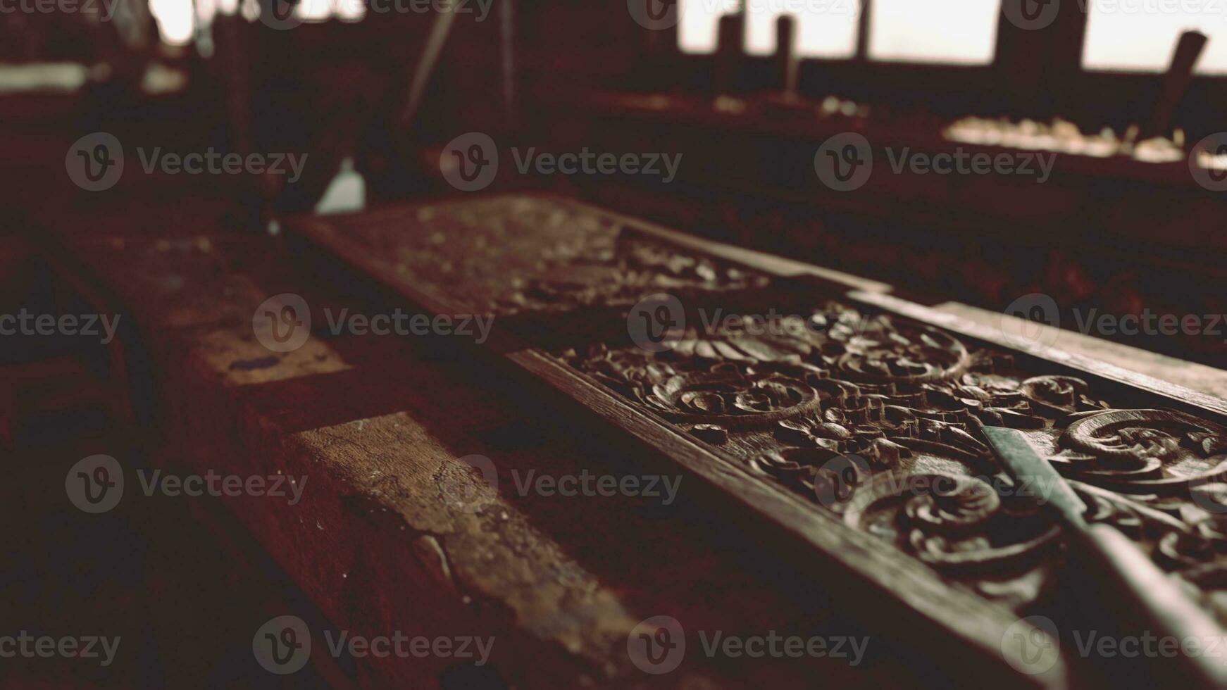 Vintage stylized old carpenter workshop interior photo