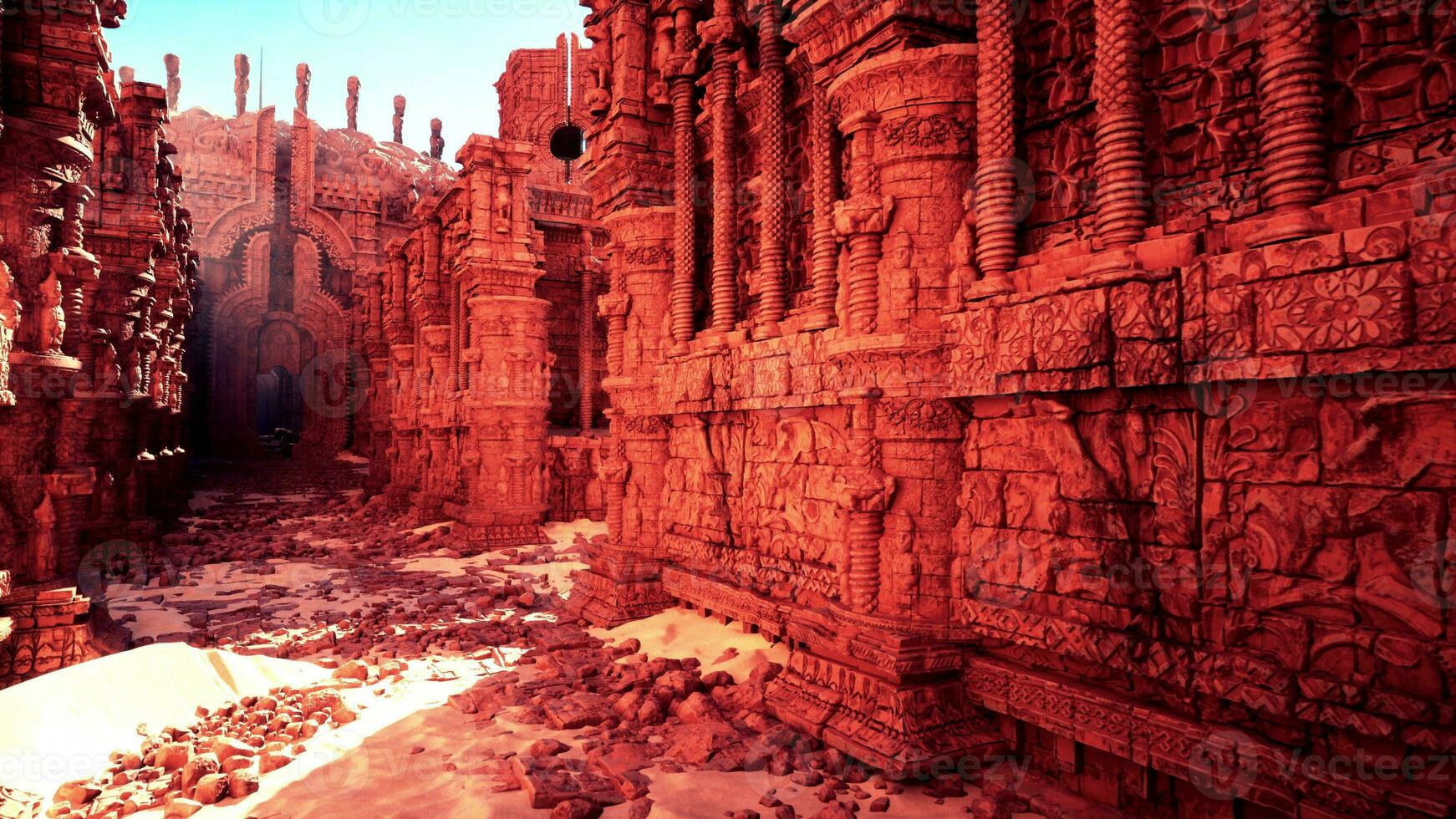 A detailed view of the intricate carvings on the walls of a majestic temple photo