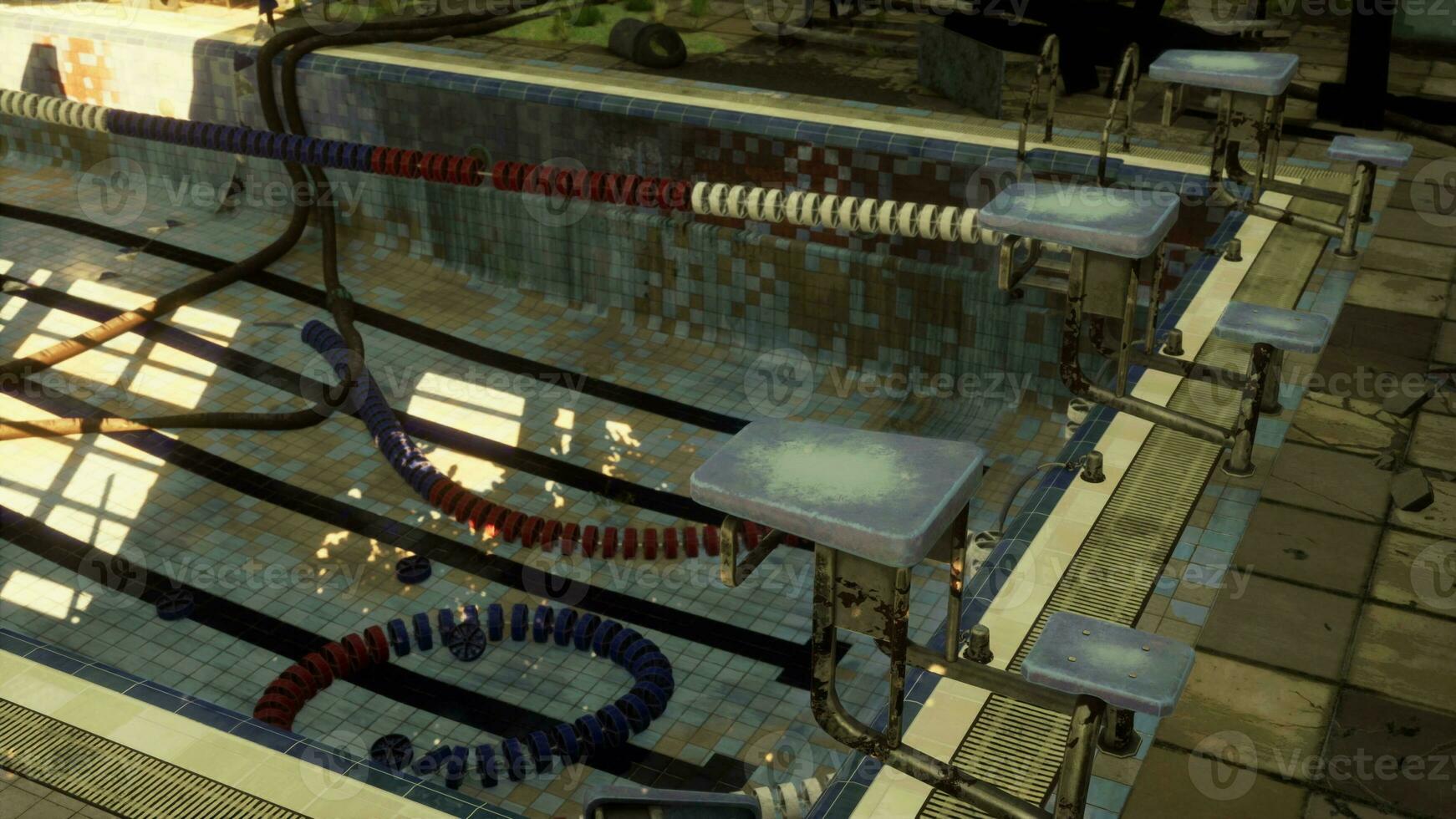 An abandoned swimming pool with empty chairs surrounding it photo