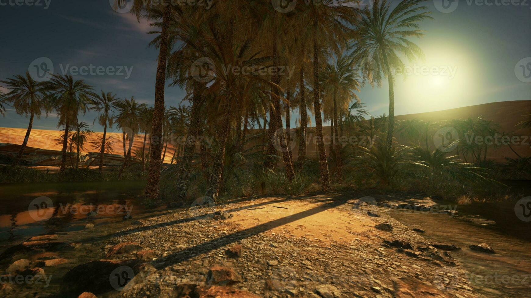 A digitally-rendered desert landscape with palm trees photo