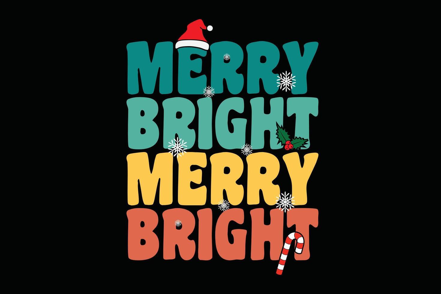 Merry and Bright Christmas Wavy Retro Christmas Xmas Holiday T-Shirt Design vector