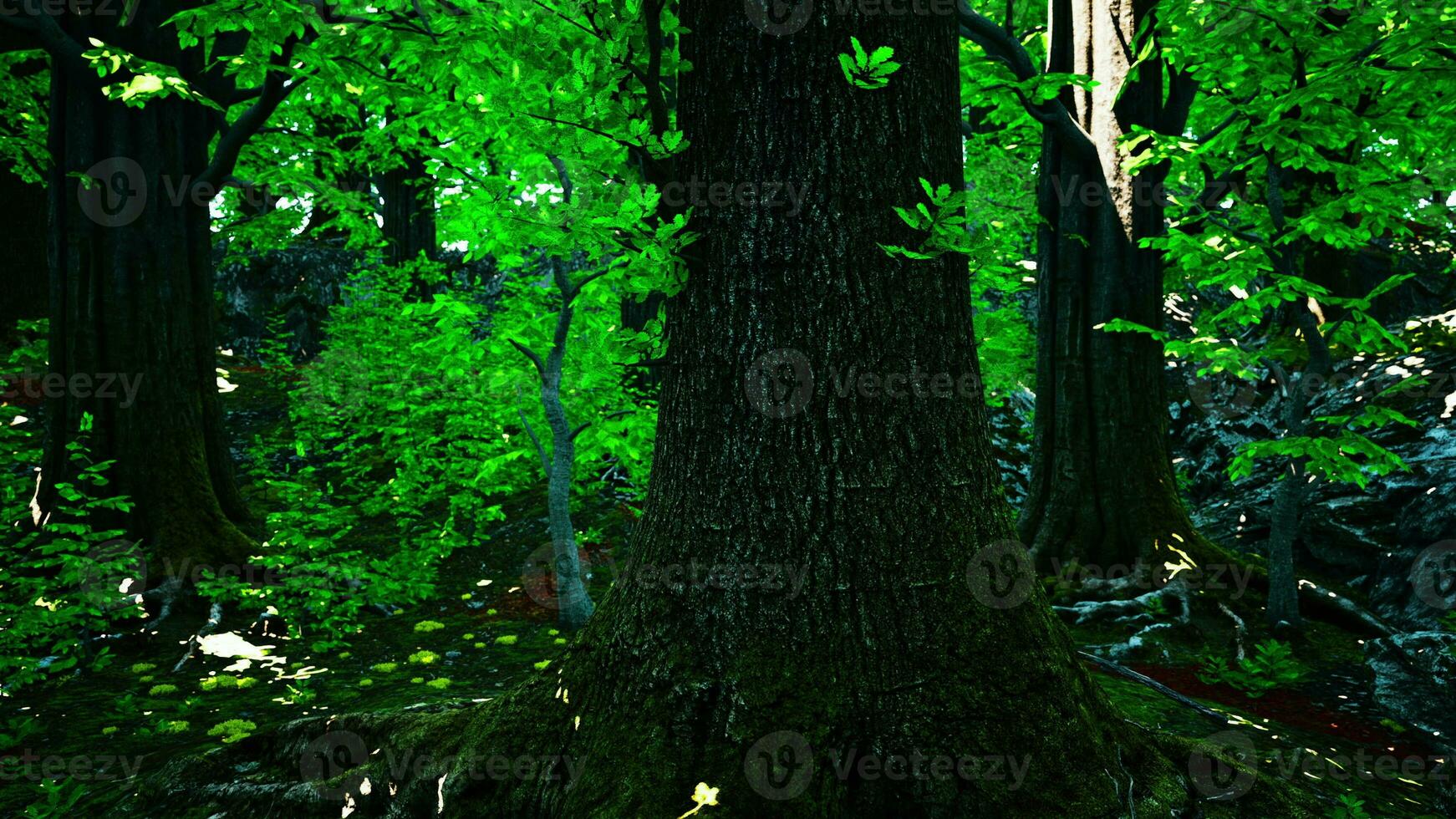 un denso bosque con vibrante verde arboles foto