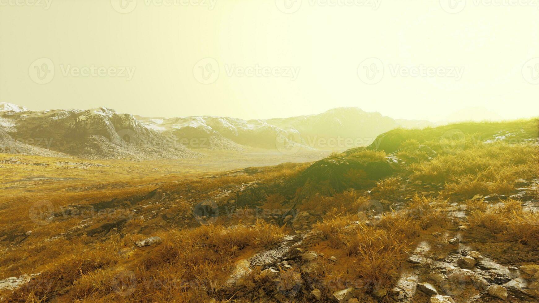 A picturesque mountain landscape with a lush green field in the foreground photo
