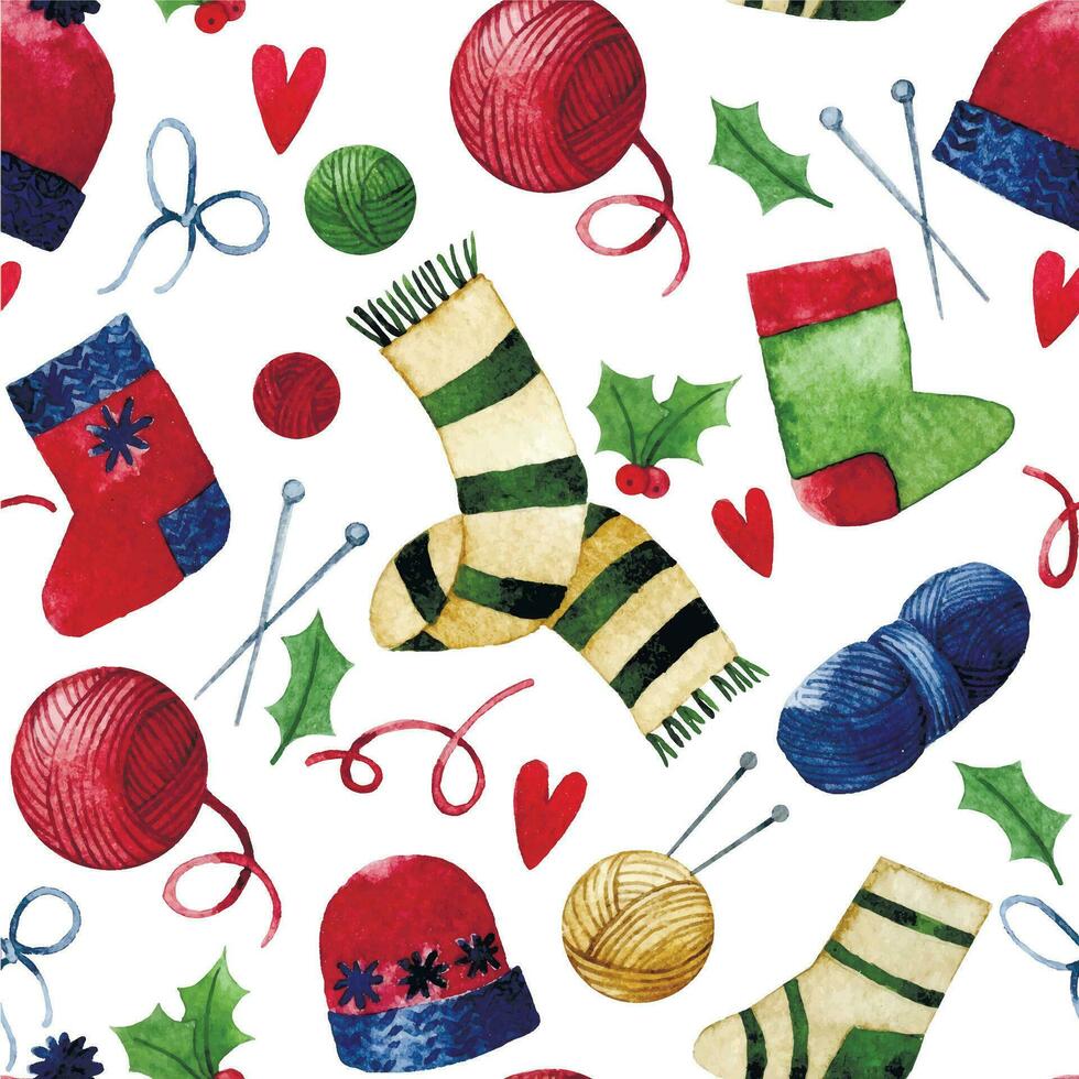 cute christmas pattern of knitting and needlework in vintage style. watercolor drawing cozy christmas, winter. socks, hat, scarf, ball of yarn and knitting needles vector