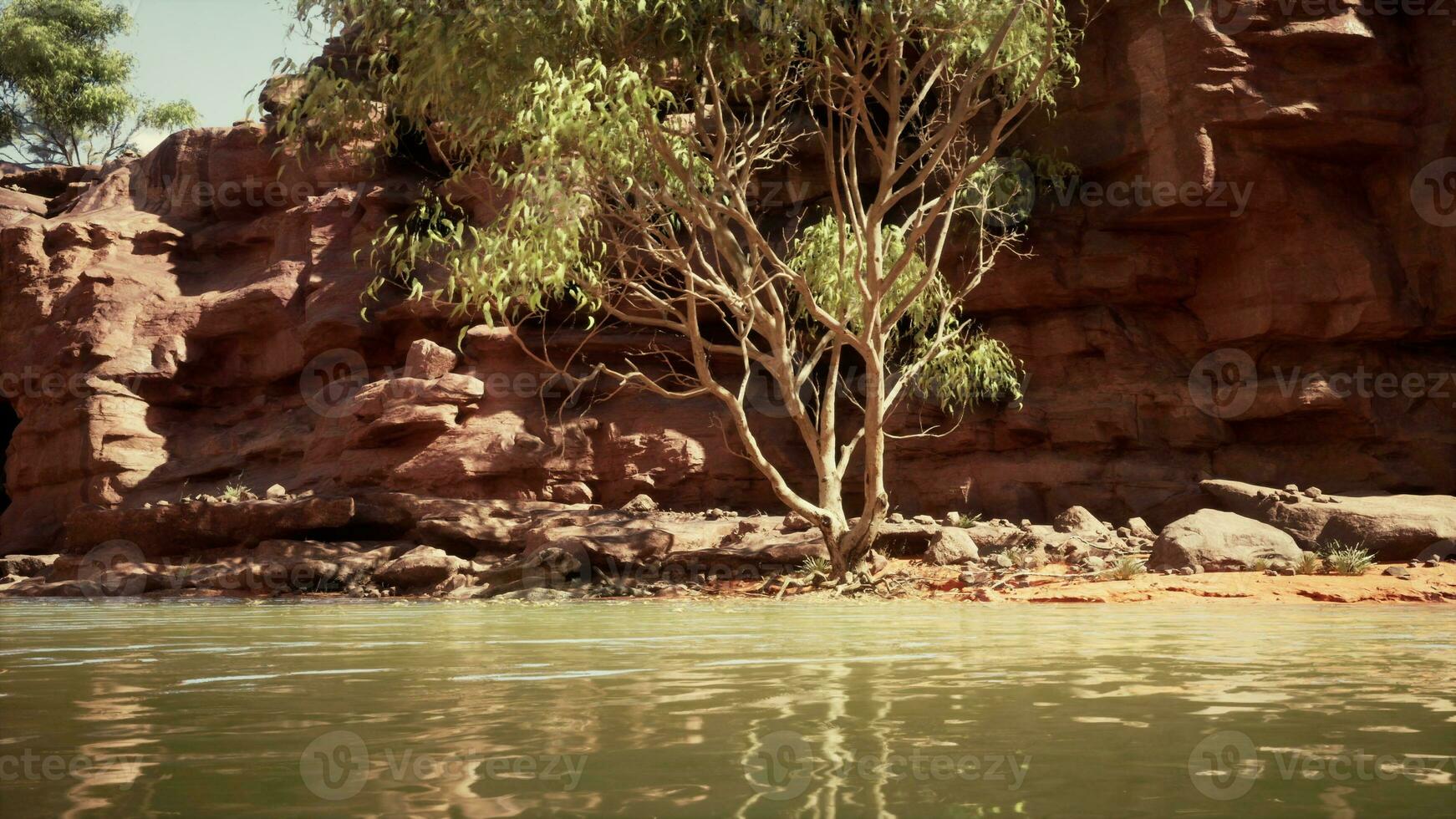 landscape with red sandstone rock and river photo