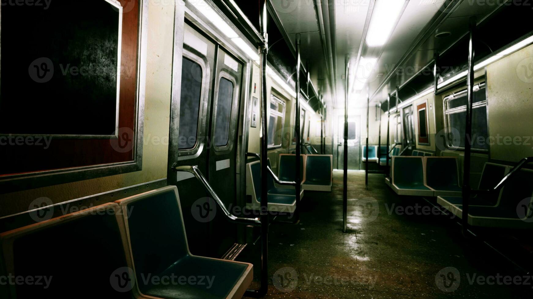 un vacío subterraneo coche en un tenuemente iluminado subterráneo estación foto