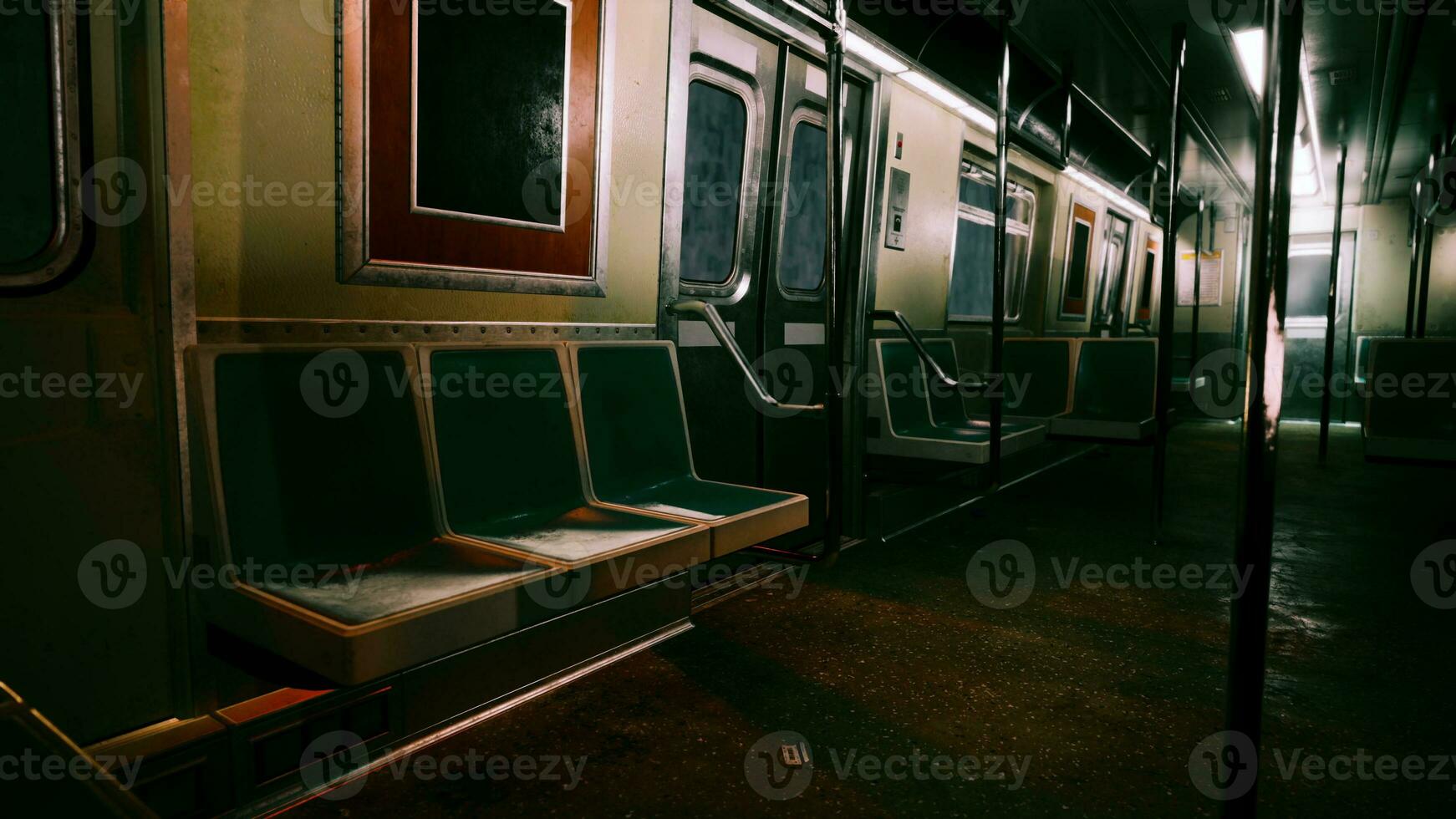 An empty subway car in a dimly lit metro station photo