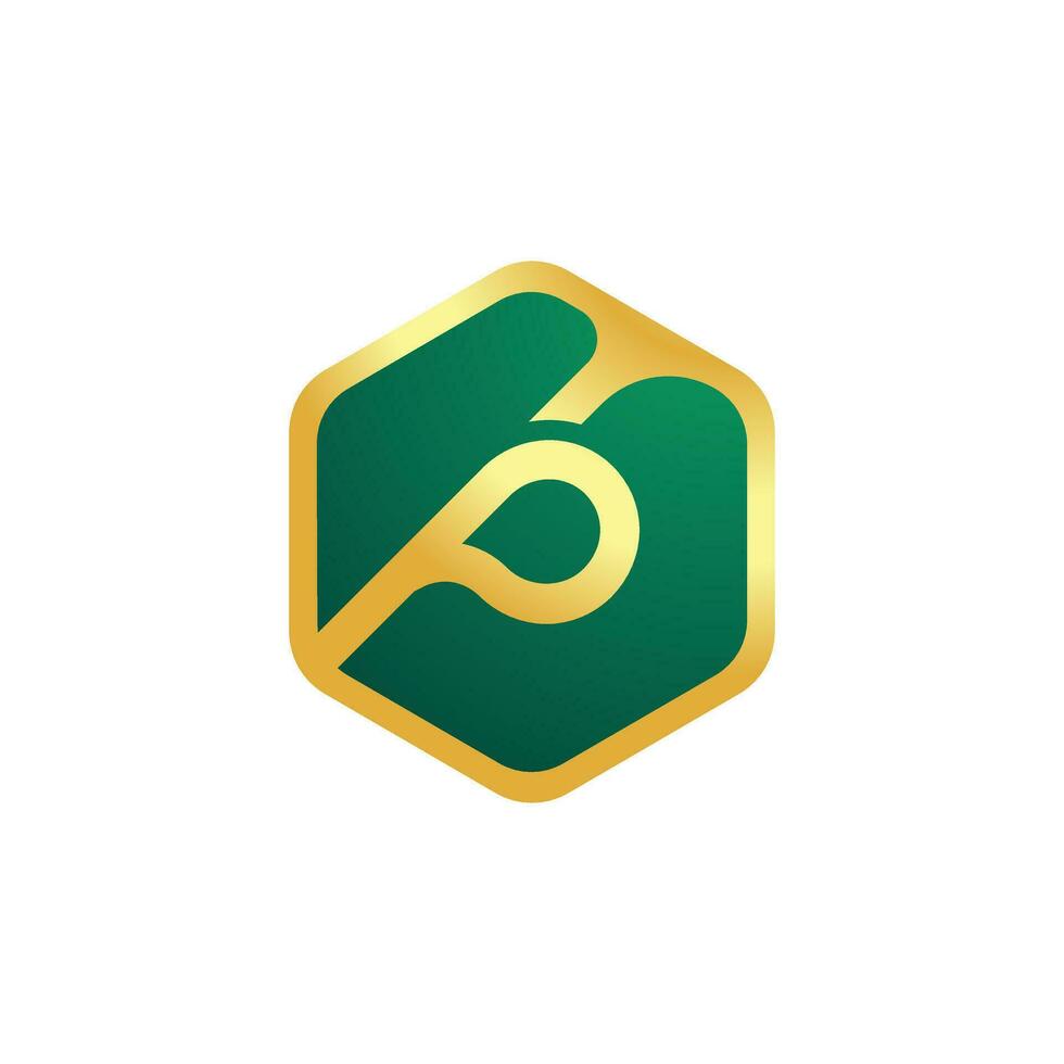 the letter p with hexagonal logo for the company is green and gold vector