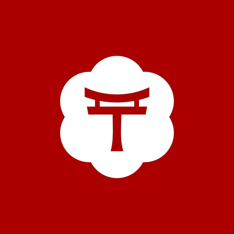 a red and white letter T with tori gate on a red background vector