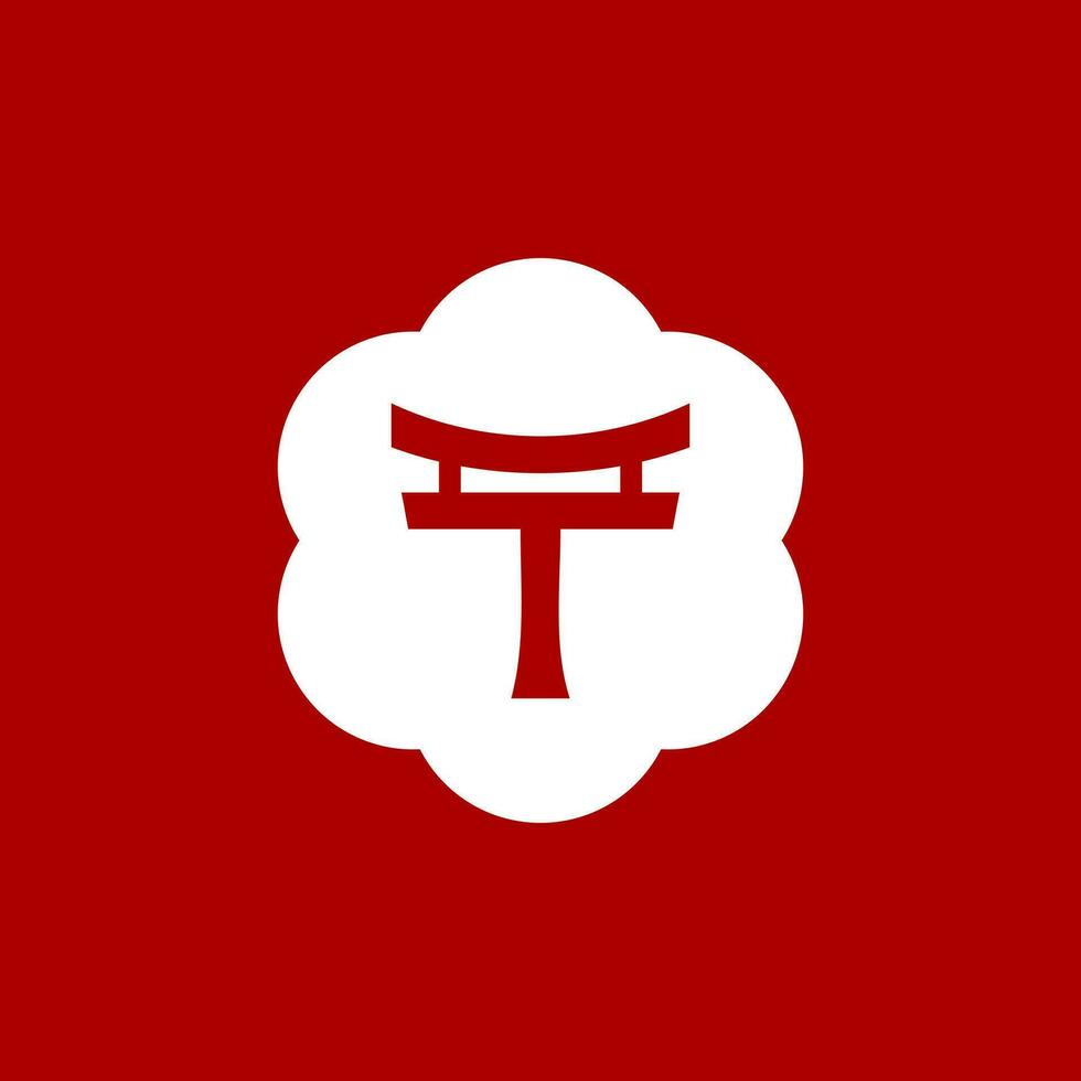 a red and white letter T with tori gate on a red background vector