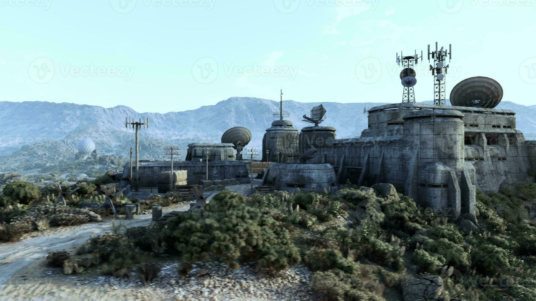 A futuristic cityscape with a military base war bunker in the foreground photo