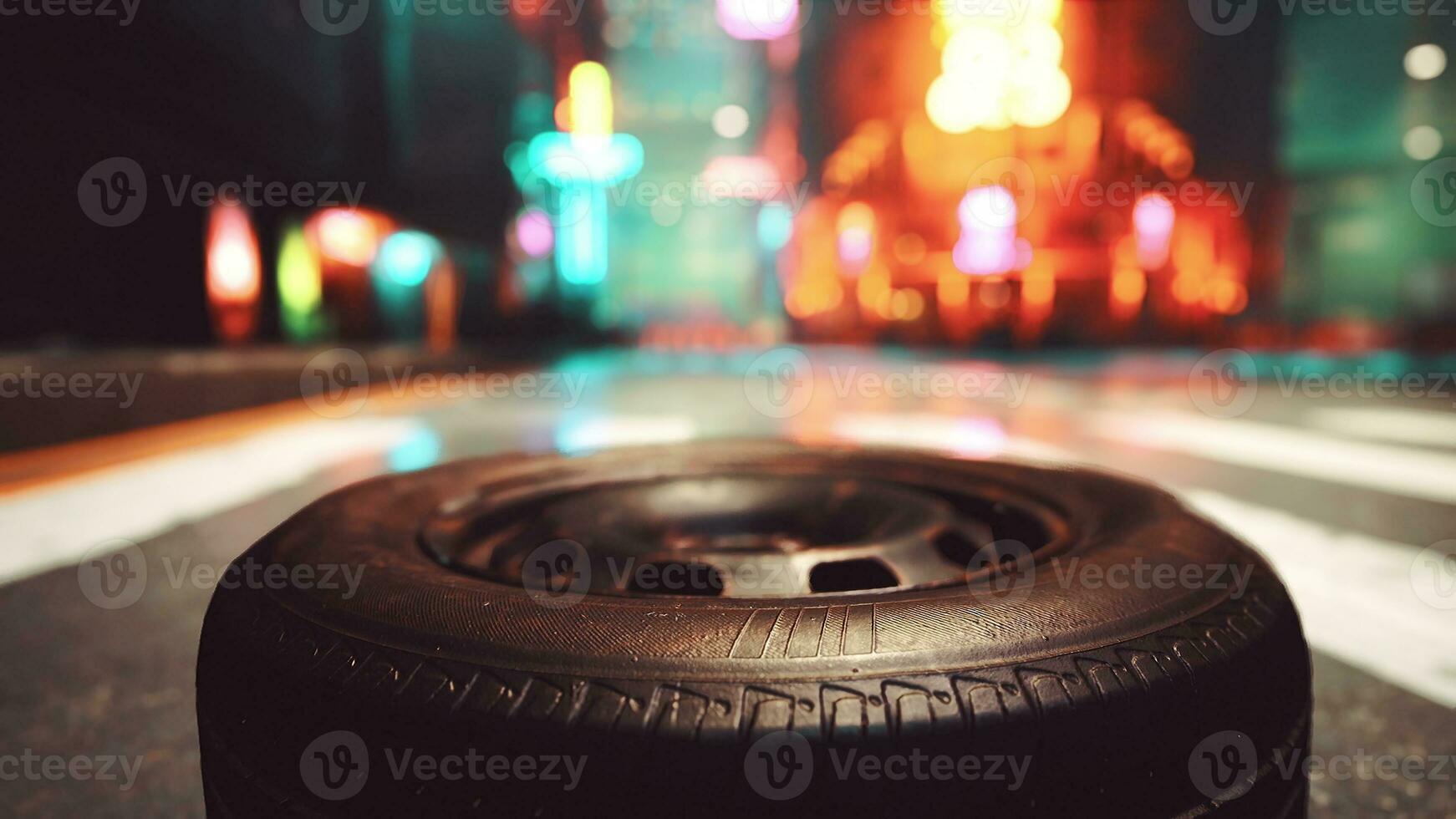 A close up of a tire on a street photo