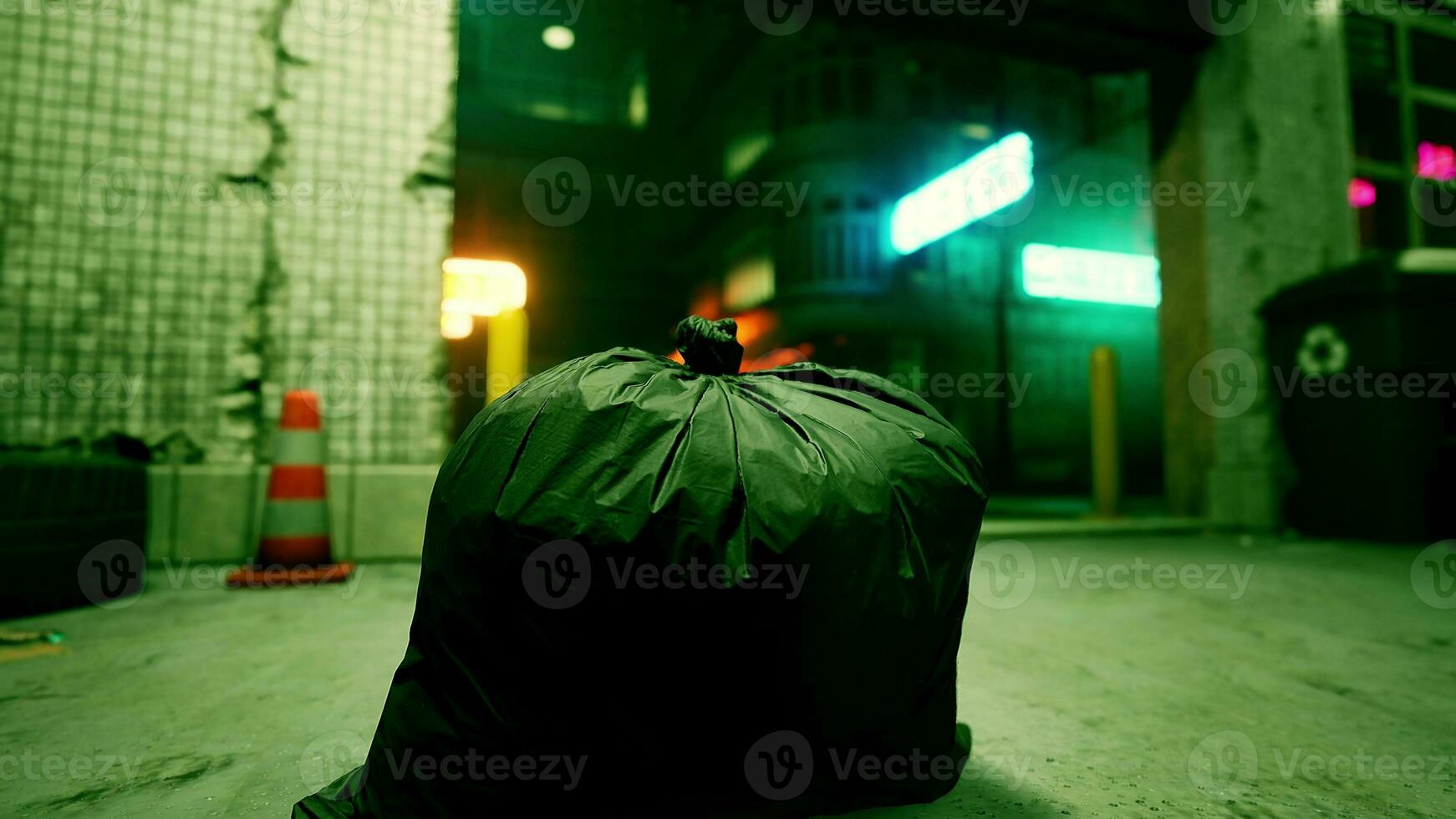 A garbage bag sitting on the ground in front of a building photo