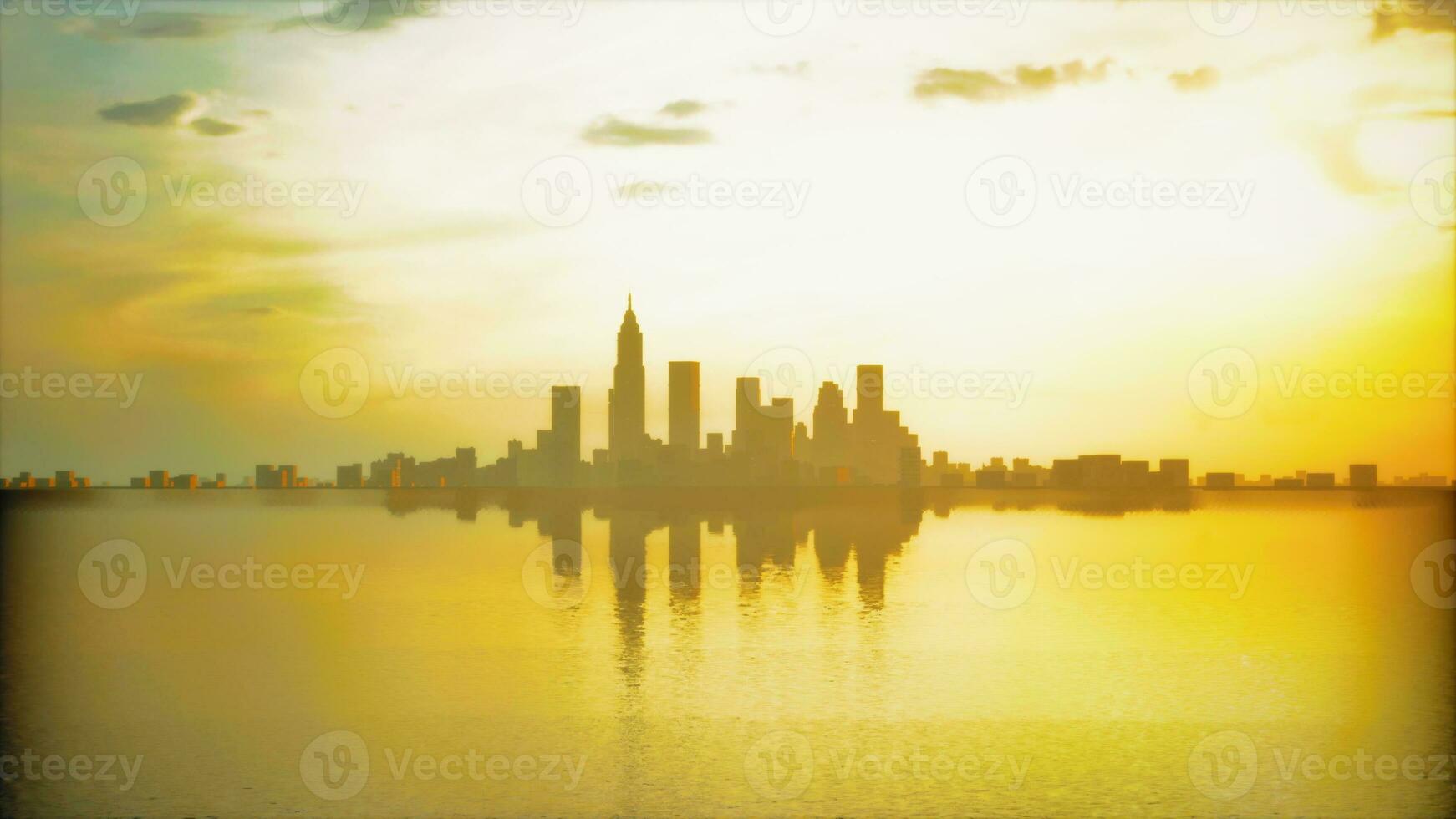 downtown cityscape at sunset in fog photo