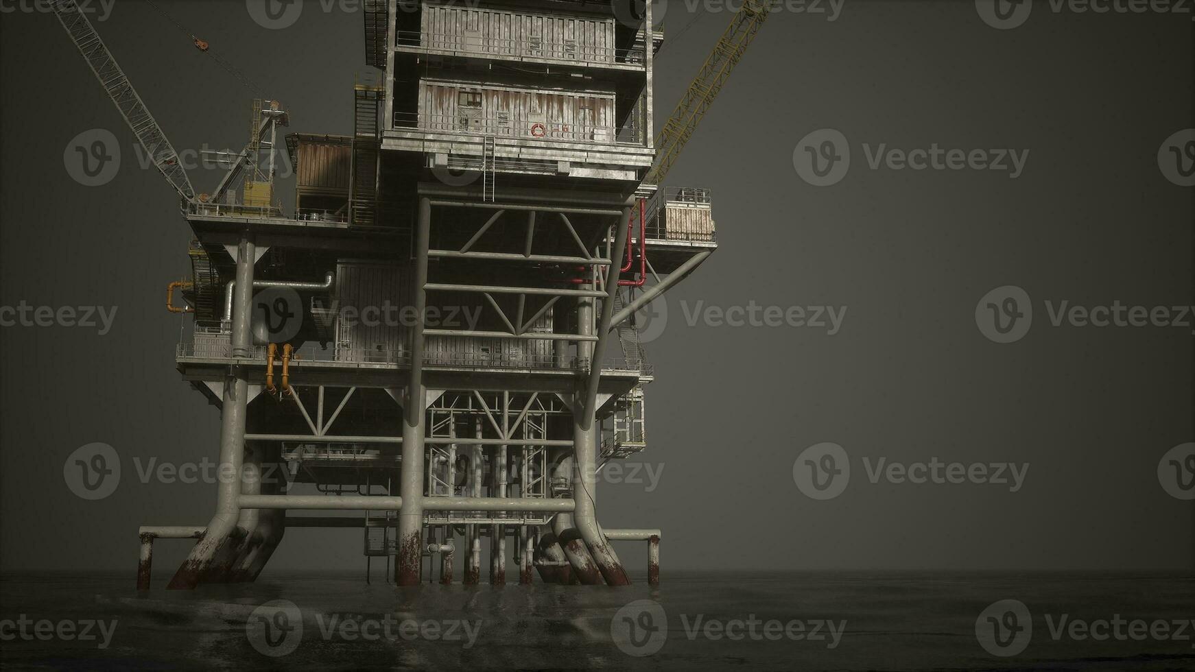 A towering oil rig with a crane perched on top, standing tall in the ocean photo