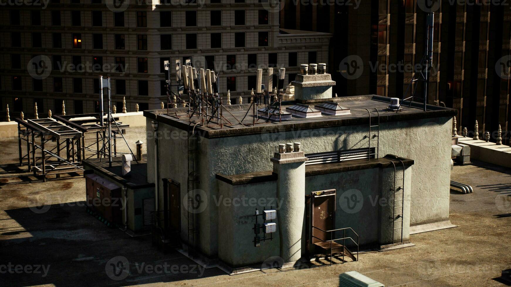 A building with a complex network of electrical equipment on its roof photo