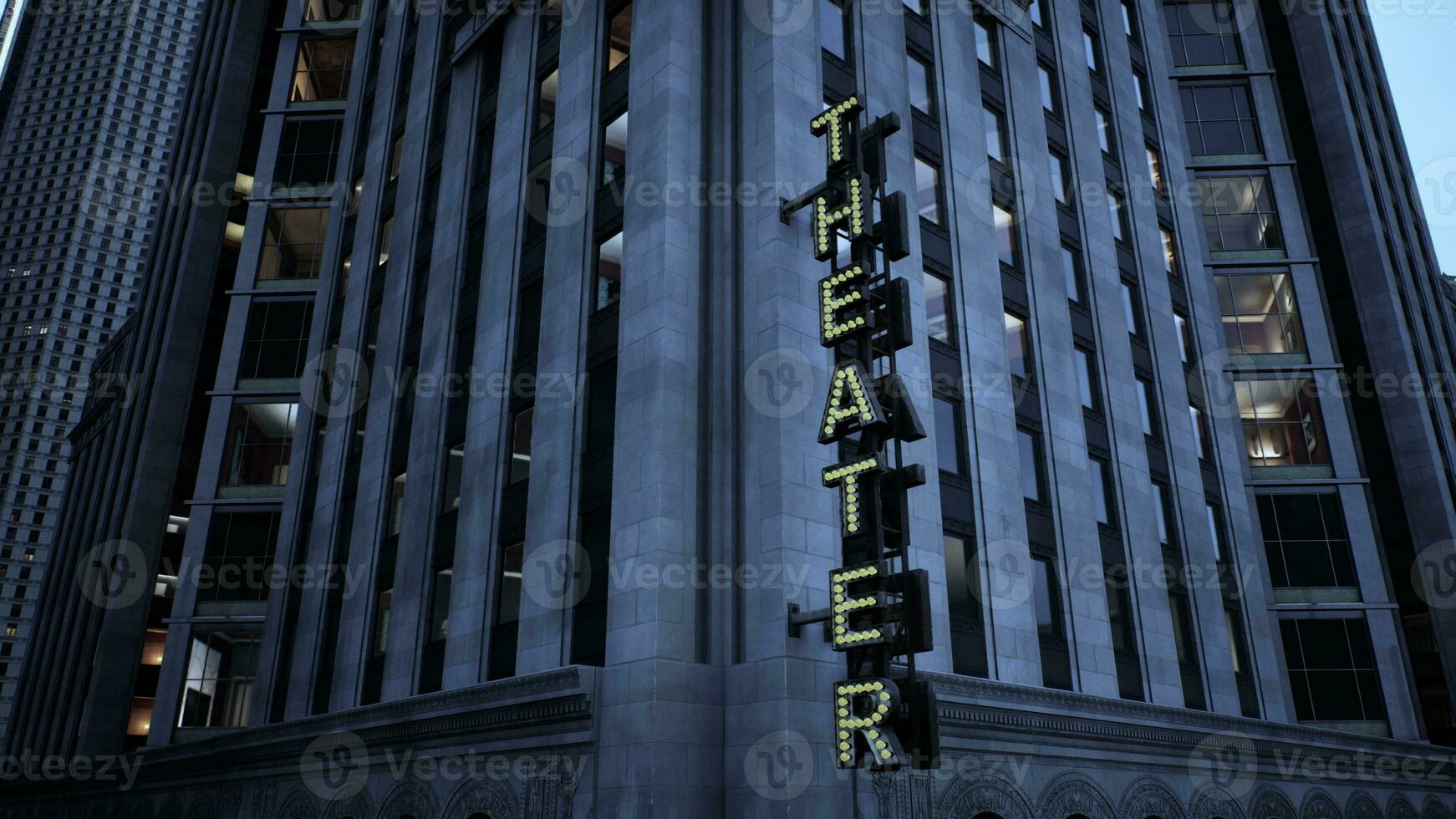 A towering building with a vibrant neon sign illuminating the night sky photo