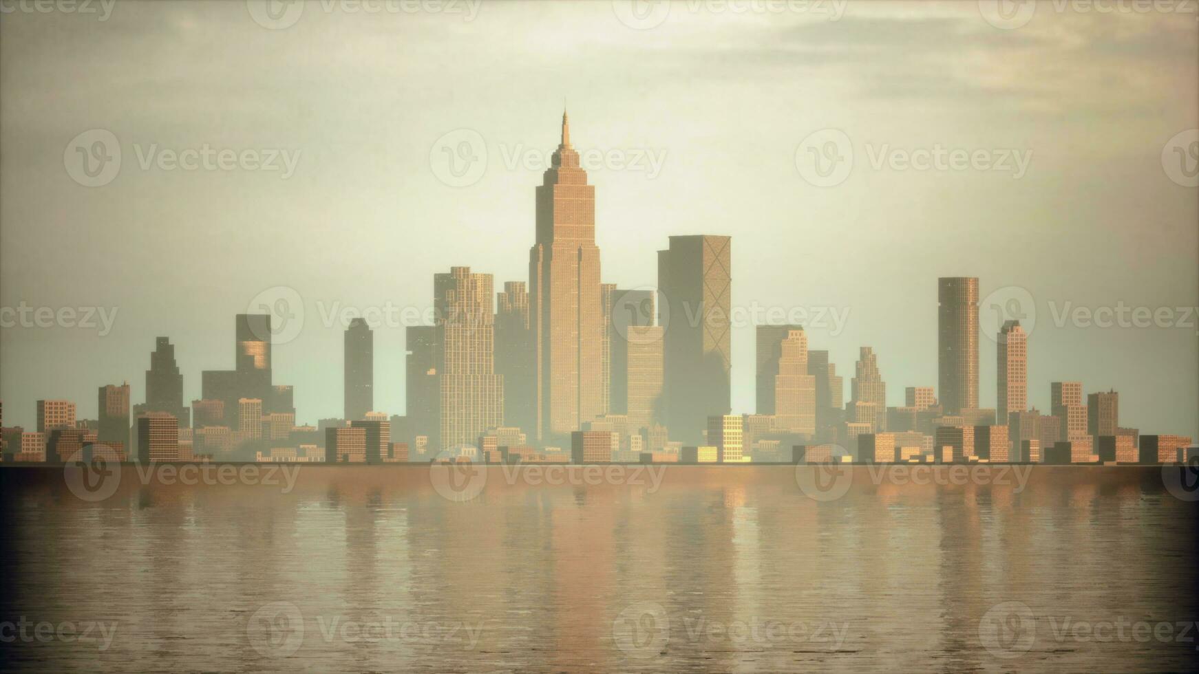Beautiful sun ray over downtown during hazy sunrise photo