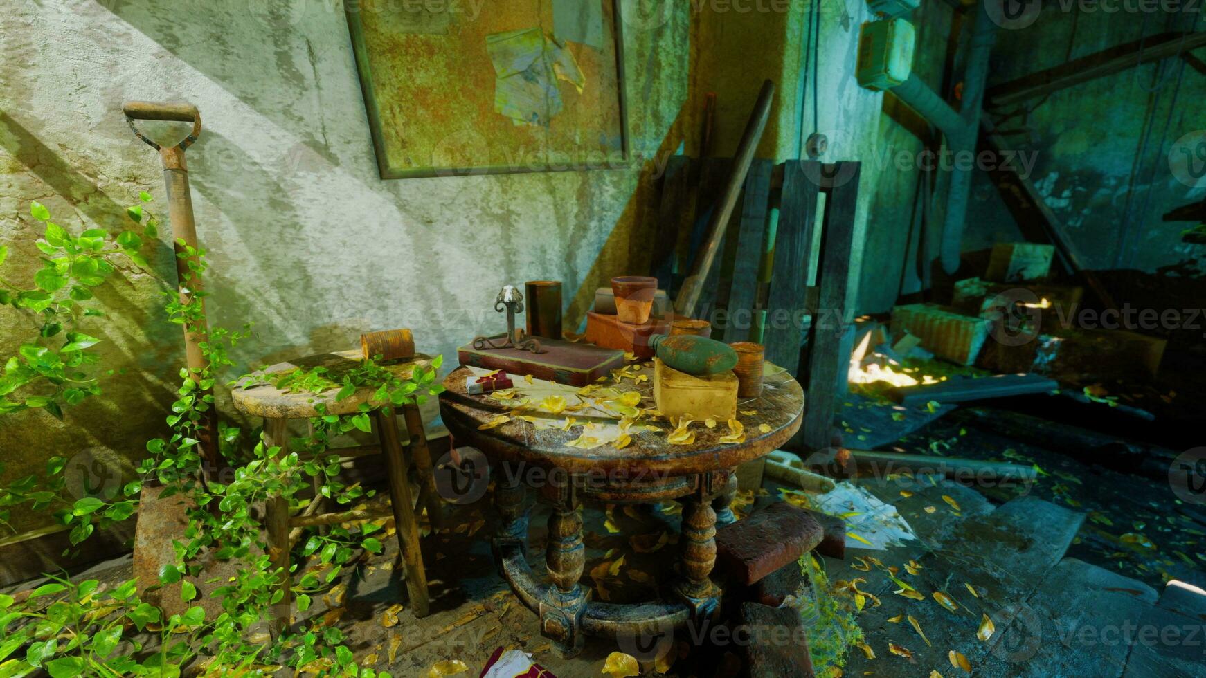 An abandoned room with a table filled with miscellaneous items photo