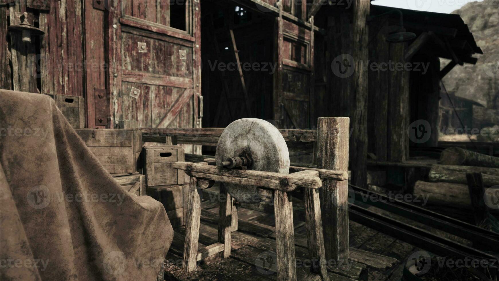 montado en un de madera marco de un antiguo molienda Roca foto