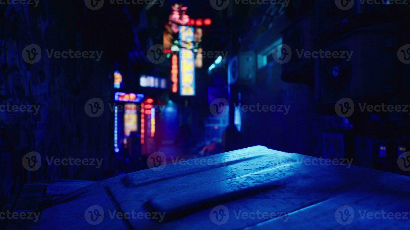 small street with neon restaurants at night photo