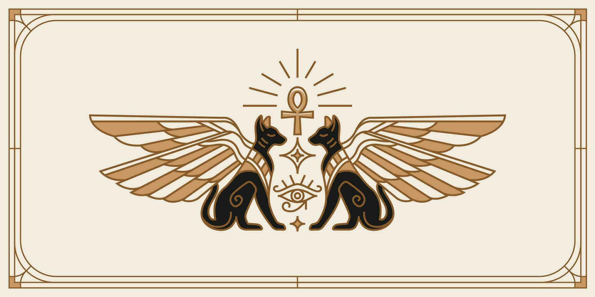 dos con alas Egipto gatos, sagrado ojo de Dios horus antiguo Egipto Clásico Arte hipster línea Arte ilustración vector con ojo de horus con sagrado escarabajo alas pared Arte diseño en contorno mínimo diseño