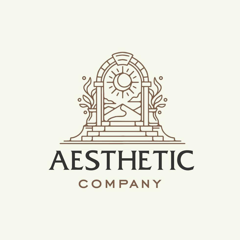 mystic doorway logo, antique arch architecture entrance stairway with door, and tropical plant leaf in contemporary modern vintage aesthetic sun arch boho style vector