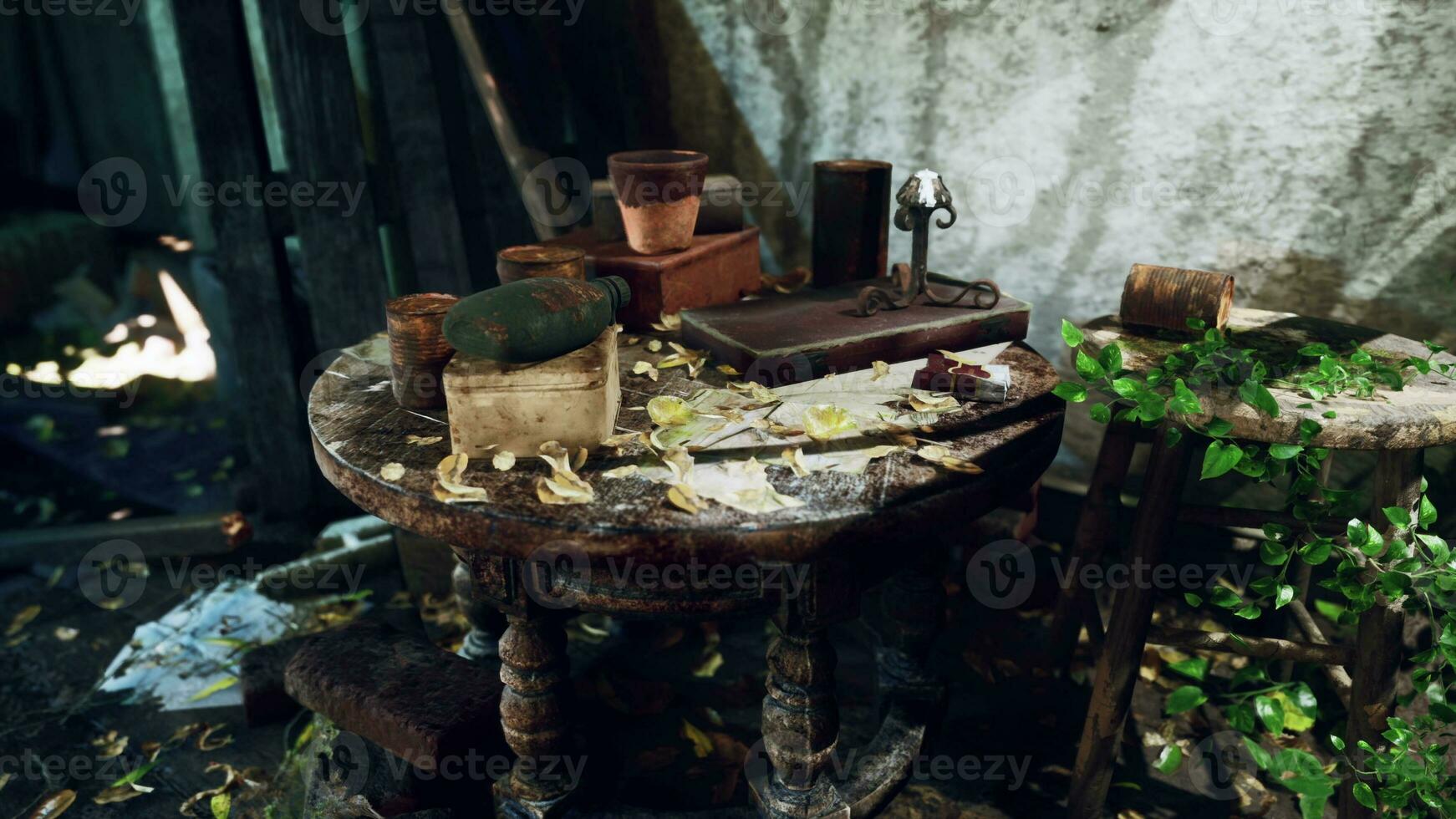A cluttered and abandoned table in a devastated room photo