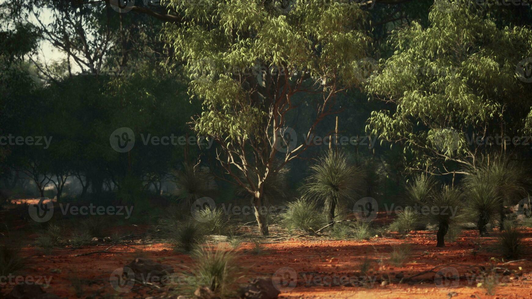 A dense forest with a cluster of towering trees in the center photo
