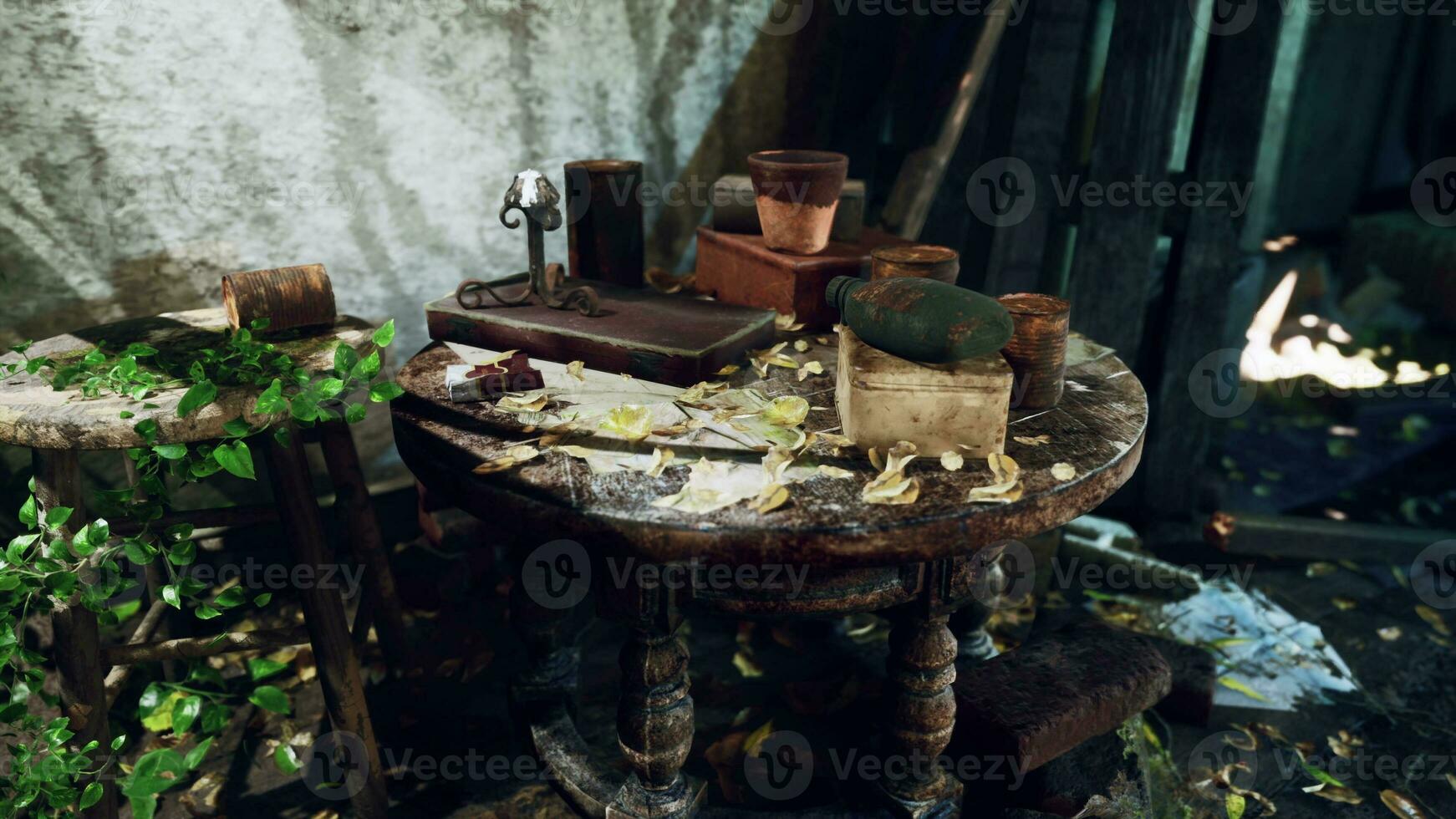 An abandoned room with a table cluttered with various objects photo