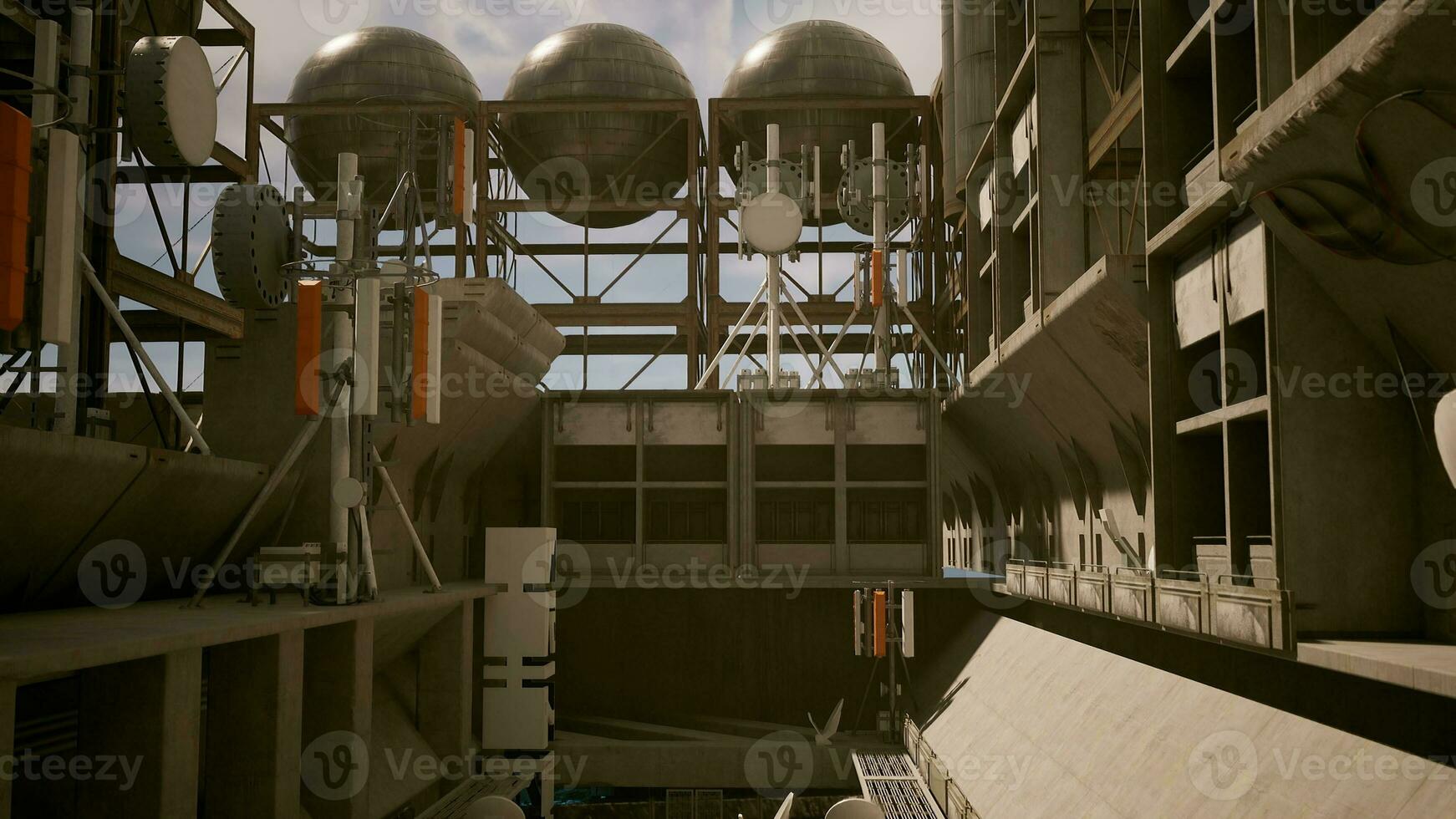 A skyscraper with a complex network of wires on its concrete roof photo
