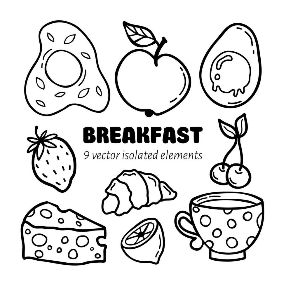 vector mano dibujado conjunto desayuno iconos en garabatear estilo, aislado clipart en un blanco antecedentes.