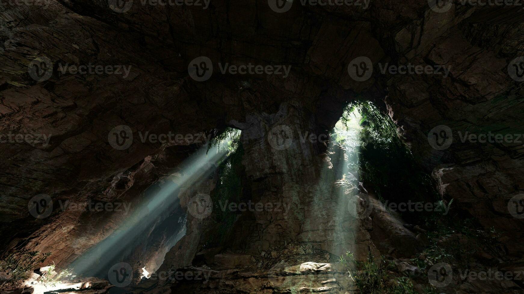 A mesmerizing beam of light illuminating a mystical cave in the mountains photo