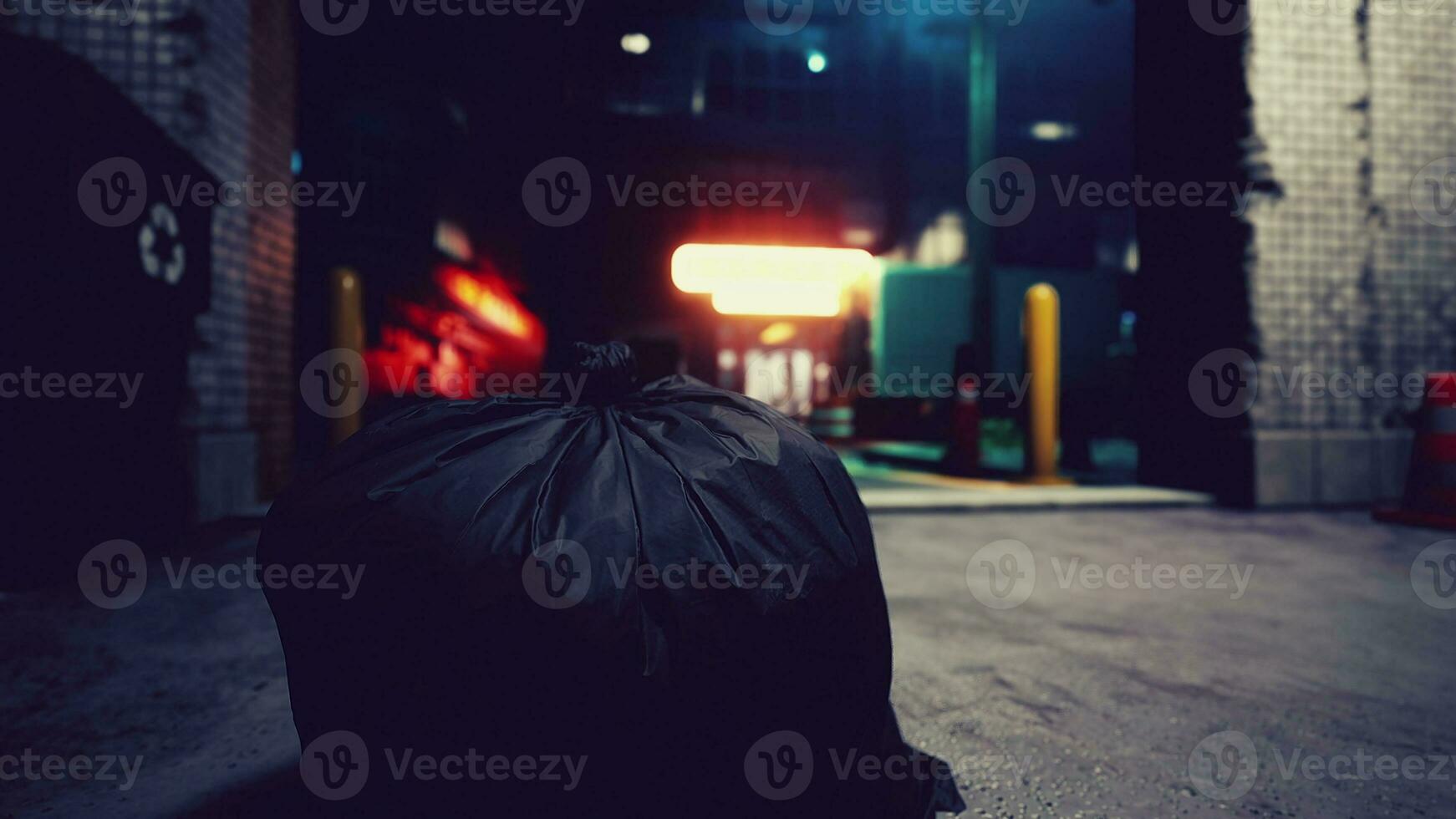 A black trash bag sitting on the side of a road photo