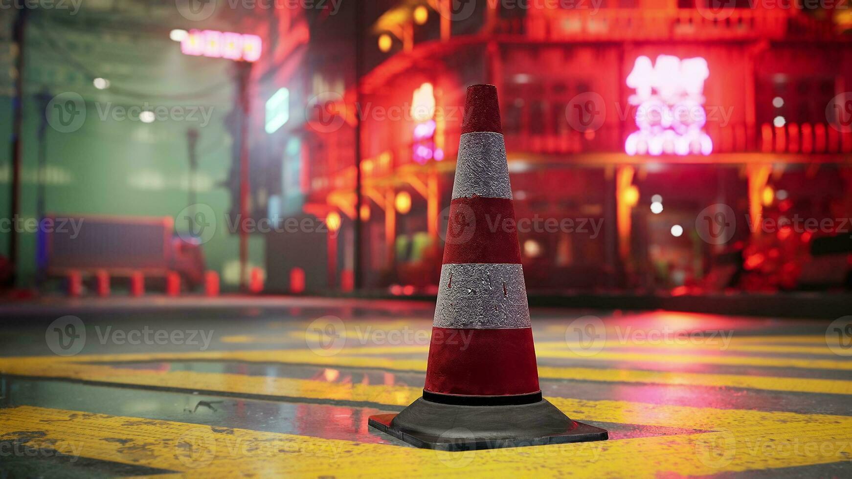 A red and white traffic cone sitting on top of a street photo