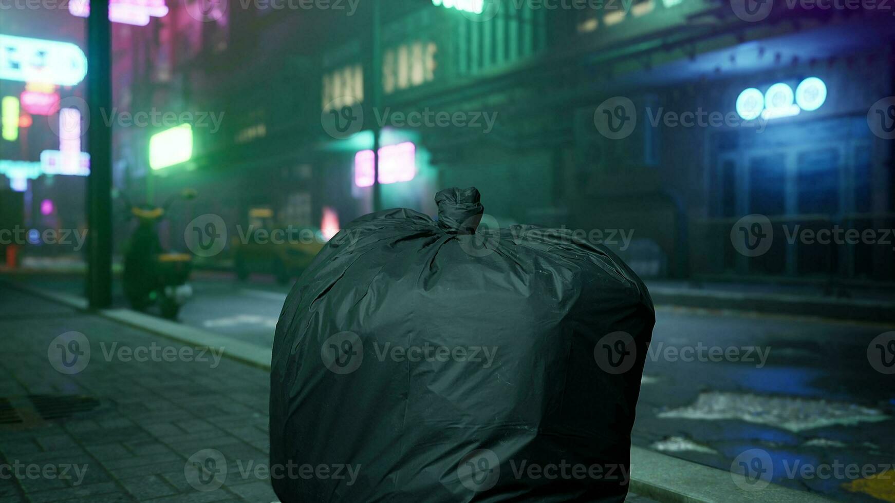 A garbage bag sitting on the side of a street photo