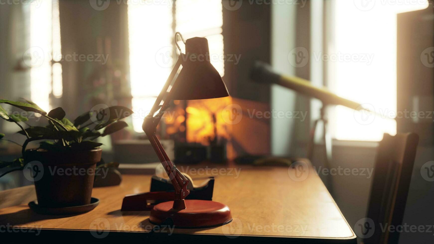 A table with a lamp and a potted plant on it photo