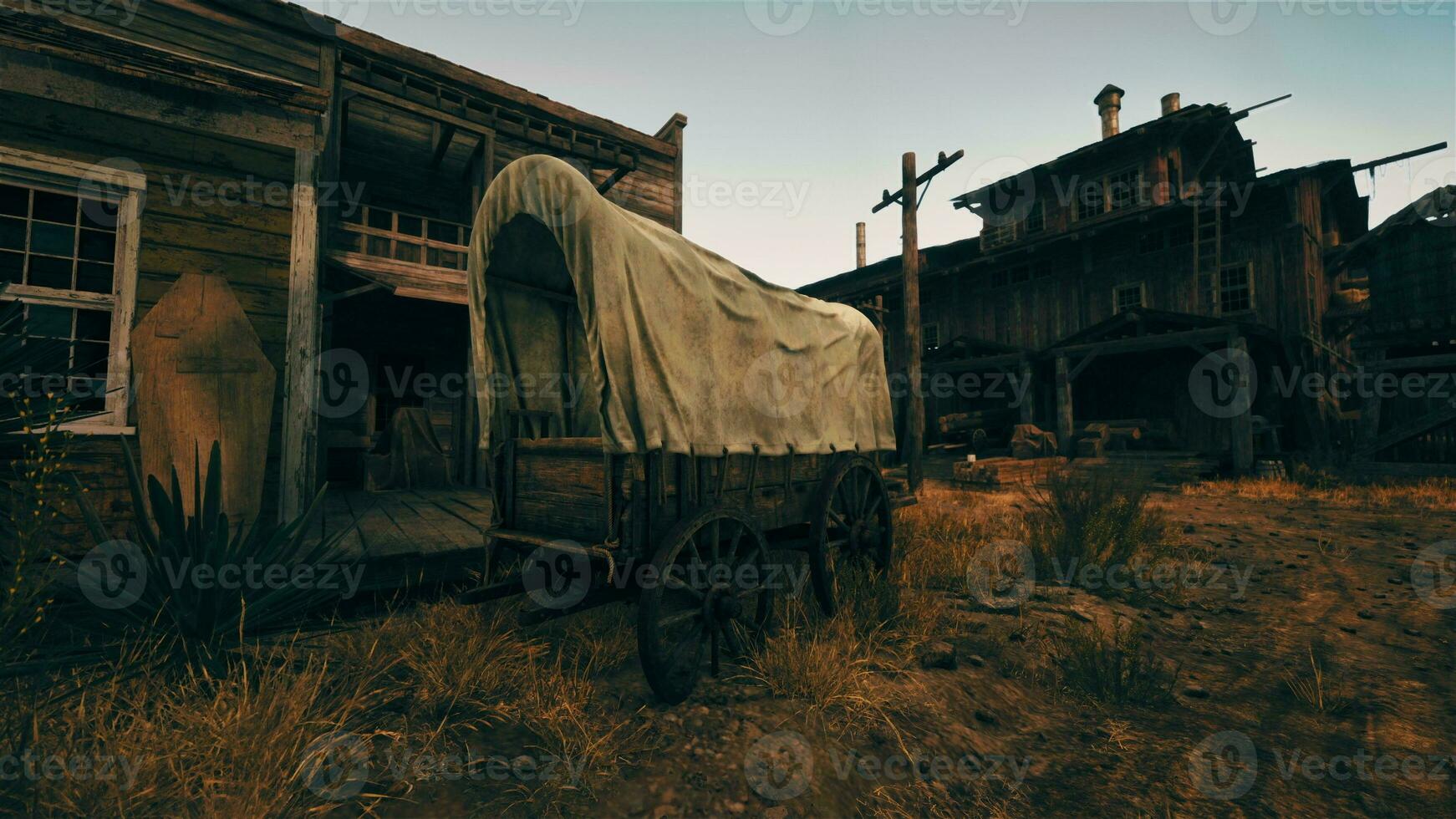 An old covered wagon in front of a historic building photo